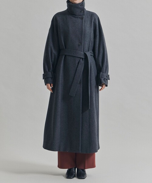【美品】 ユナイテッドトウキョウ　ノーカラーロングコート　M ネイビー ウール セール】スタンドカラーロングコート｜保温/撥水/静電気防止