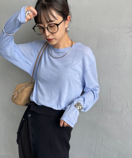 JEANS FACTORY Clothes（ジーンズファクトリークローズ）の「[Jeans Factory Clothes/ジーンズファクトリークローズ] クルーネック ロングスリーブシアーカットソー（Tシャツ/カットソー・レディース・オフホワイト/ブラック/ピンク/オレンジ/ブラウン/チャコールグレー/サックスブルー・F）」の5枚目の写真