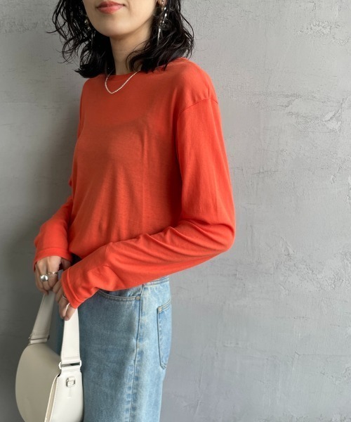 JEANS FACTORY Clothes（ジーンズファクトリークローズ）の「[Jeans Factory Clothes/ジーンズファクトリークローズ] クルーネック ロングスリーブシアーカットソー（Tシャツ/カットソー・レディース・オフホワイト/ブラック/ピンク/オレンジ/ブラウン/チャコールグレー/サックスブルー・F）」の7枚目の写真