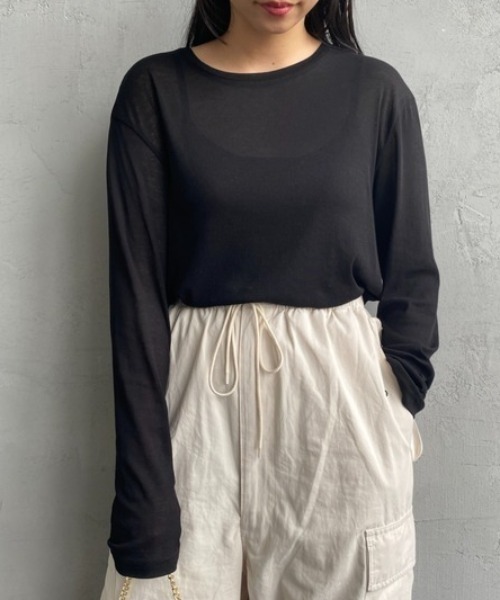 JEANS FACTORY Clothes（ジーンズファクトリークローズ）の「[Jeans Factory Clothes/ジーンズファクトリークローズ] クルーネック ロングスリーブシアーカットソー（Tシャツ/カットソー・レディース・オフホワイト/ブラック/ピンク/オレンジ/ブラウン/チャコールグレー/サックスブルー・F）」の3枚目の写真