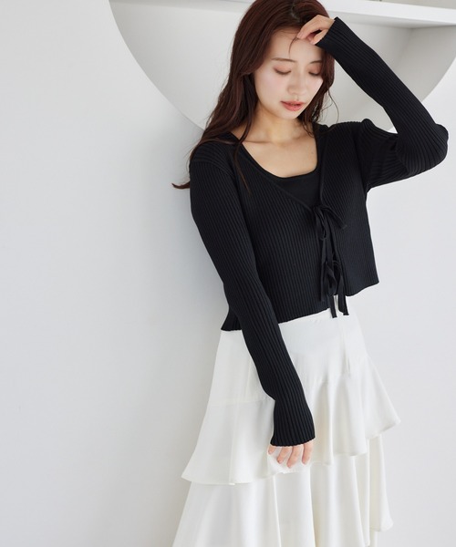 mysty woman（ミスティウーマン）の「リボンカーデ×タンクSET  315445（ニット/セーター・レディース・グレイッシュベージュ/ピンク/オフホワイト/ブラック・FREE）」の3枚目の写真