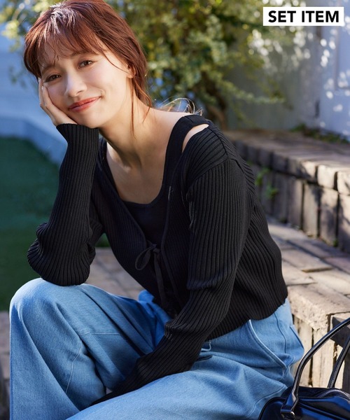 mysty woman（ミスティウーマン）の「リボンカーデ×タンクSET  315445（ニット/セーター・レディース・グレイッシュベージュ/ピンク/オフホワイト/ブラック・FREE）」の8枚目の写真