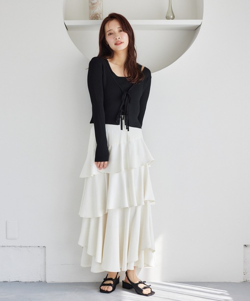 mysty woman（ミスティウーマン）の「リボンカーデ×タンクSET  315445（ニット/セーター・レディース・グレイッシュベージュ/ピンク/オフホワイト/ブラック・FREE）」の5枚目の写真