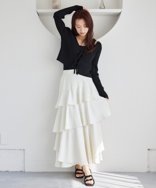 mysty woman（ミスティウーマン）の「リボンカーデ×タンクSET  315445（ニット/セーター・レディース・グレイッシュベージュ/ピンク/オフホワイト/ブラック・FREE）」の6枚目の写真