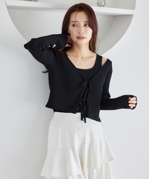 mysty woman（ミスティウーマン）の「リボンカーデ×タンクSET  315445（ニット/セーター・レディース・グレイッシュベージュ/ピンク/オフホワイト/ブラック・FREE）」の7枚目の写真