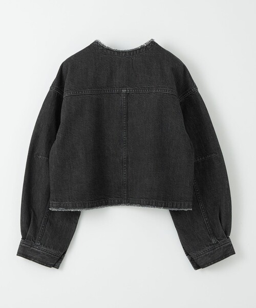 超美品！シェリエ　sheller　ノーカラーフリンジデニムジャケット セール】オーバーサイズ襟フリンジノーカラーデニムジャケット