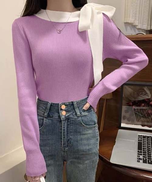 Miniministore(ミニミニストア)の「リボンネック リブニット トップス(ニット/セーター・レディース・ブラック/キャメル/アイボリー/パープル・FREE)」の1枚目の写真