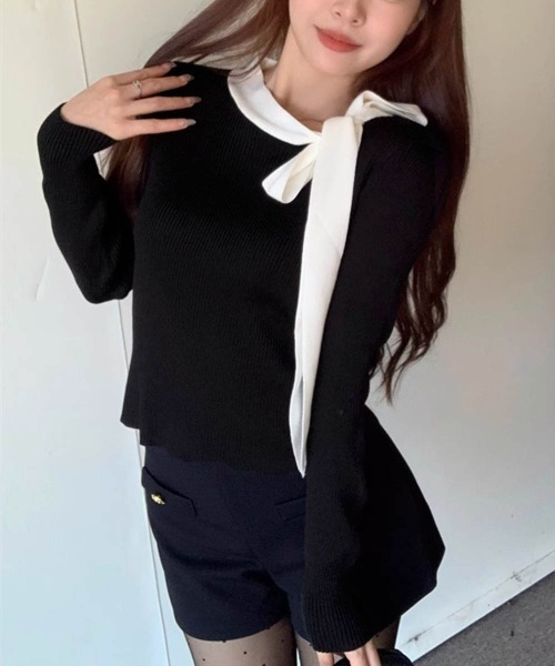 Miniministore(ミニミニストア)の「リボンネック リブニット トップス(ニット/セーター・レディース・ブラック/キャメル/アイボリー/パープル・FREE)」の8枚目の写真