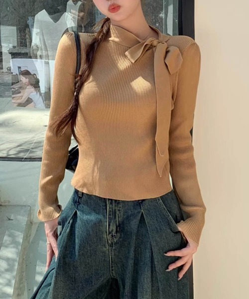 Miniministore(ミニミニストア)の「リボンネック リブニット トップス(ニット/セーター・レディース・ブラック/キャメル/アイボリー/パープル・FREE)」の10枚目の写真