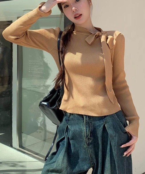 Miniministore(ミニミニストア)の「リボンネック リブニット トップス(ニット/セーター・レディース・ブラック/キャメル/アイボリー/パープル・FREE)」の11枚目の写真