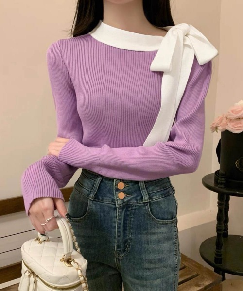 Miniministore(ミニミニストア)の「リボンネック リブニット トップス(ニット/セーター・レディース・ブラック/キャメル/アイボリー/パープル・FREE)」の12枚目の写真