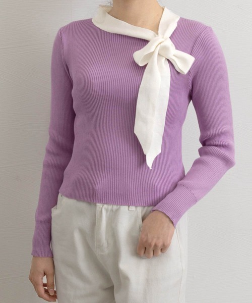 Miniministore(ミニミニストア)の「リボンネック リブニット トップス(ニット/セーター・レディース・ブラック/キャメル/アイボリー/パープル・FREE)」の13枚目の写真