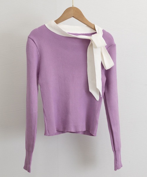 Miniministore(ミニミニストア)の「リボンネック リブニット トップス(ニット/セーター・レディース・ブラック/キャメル/アイボリー/パープル・FREE)」の16枚目の写真