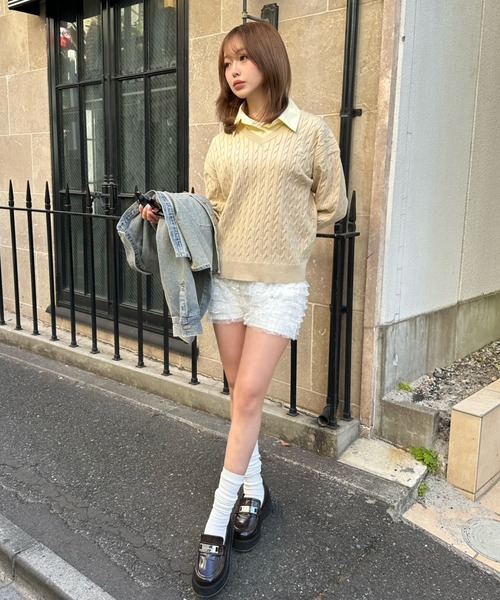 RAY CASSIN(レイカズン)の「【襟取り外し可】襟付ルーズケーブルVネックニット(ニット/セーター・レディース・アイボリー/ブルー系その他2/ベージュ/ネイビー・FREE)」の20枚目の写真