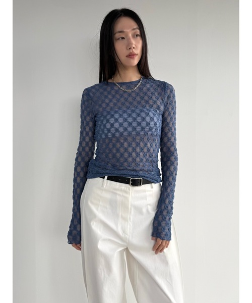 Didot.showroom（ディドット ショールーム）の「【DIDOT.】フラワーレースシアーメロウTEE（Tシャツ/カットソー・レディース・クリーム/チャコール/インディゴブルー/ホワイト/ピンク・FREE）」の4枚目の写真