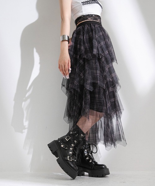 Diable baiser(ディアブルベーゼ)の「チェック柄・迷彩柄・レオパード柄チュールイレヘムスカート(スカート・レディース・ブラック/グレー/ブラウン/グリーン・FREE)」の1枚目の写真
