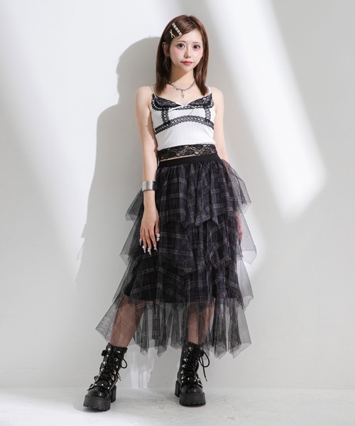 Diable baiser(ディアブルベーゼ)の「チェック柄・迷彩柄・レオパード柄チュールイレヘムスカート(スカート・レディース・ブラック/グレー/ブラウン/グリーン・FREE)」の5枚目の写真