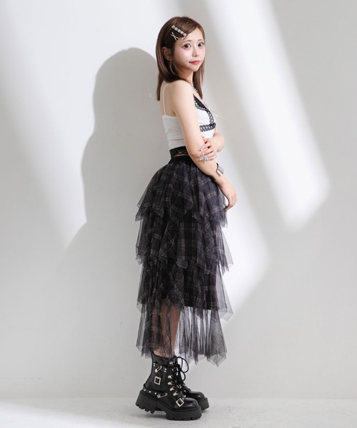 Diable baiser(ディアブルベーゼ)の「チェック柄・迷彩柄・レオパード柄チュールイレヘムスカート(スカート・レディース・ブラック/グレー/ブラウン/グリーン・FREE)」の6枚目の写真