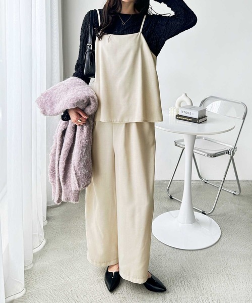 【未使用】OURしなやか素材のラップ風サロペット ourhome しなやか素材のラップ風サロペット ブラック