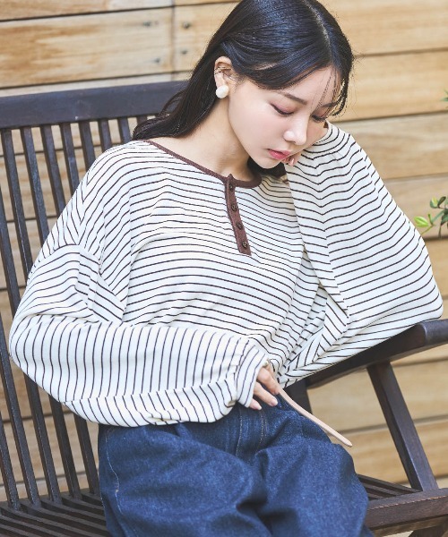 mil(ミル)の「【150㎝前後の小柄さんサイズ】前後2way ボーダーロンT(Tシャツ/カットソー・レディース・ブラウン/ブラック/オフホワイト・XS/S)」の3枚目の写真