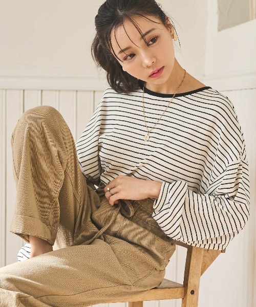 mil(ミル)の「【150㎝前後の小柄さんサイズ】前後2way ボーダーロンT(Tシャツ/カットソー・レディース・ブラウン/ブラック/オフホワイト・XS/S)」の2枚目の写真