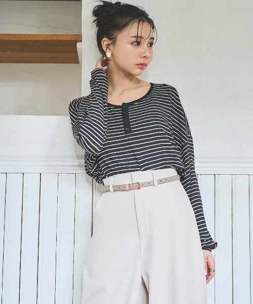 mil(ミル)の「【150㎝前後の小柄さんサイズ】前後2way ボーダーロンT(Tシャツ/カットソー・レディース・ブラウン/ブラック/オフホワイト・XS/S)」の1枚目の写真
