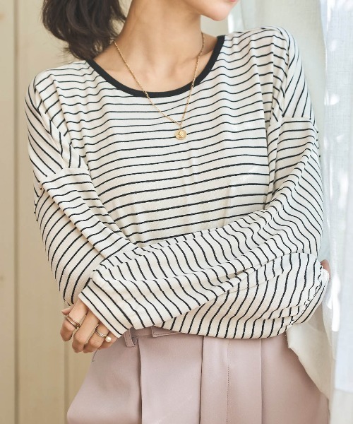 mil(ミル)の「【150㎝前後の小柄さんサイズ】前後2way ボーダーロンT(Tシャツ/カットソー・レディース・ブラウン/ブラック/オフホワイト・XS/S)」の15枚目の写真