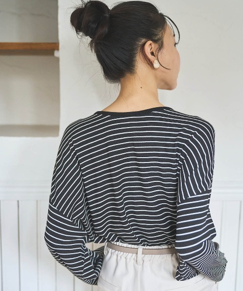 mil(ミル)の「【150㎝前後の小柄さんサイズ】前後2way ボーダーロンT(Tシャツ/カットソー・レディース・ブラウン/ブラック/オフホワイト・XS/S)」の6枚目の写真