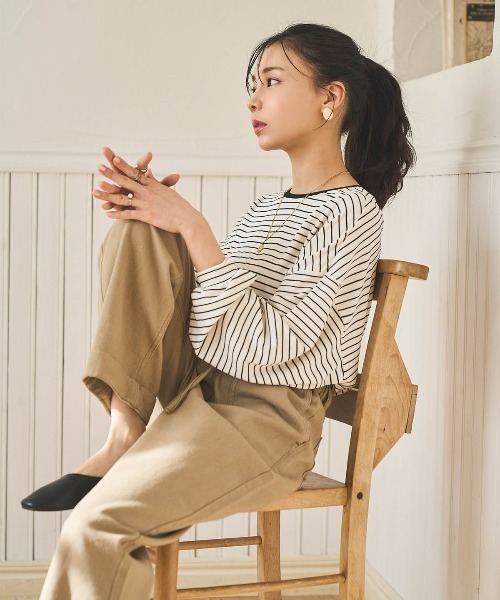 mil(ミル)の「【150㎝前後の小柄さんサイズ】前後2way ボーダーロンT(Tシャツ/カットソー・レディース・ブラウン/ブラック/オフホワイト・XS/S)」の11枚目の写真