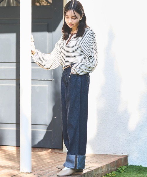 mil(ミル)の「【150㎝前後の小柄さんサイズ】前後2way ボーダーロンT(Tシャツ/カットソー・レディース・ブラウン/ブラック/オフホワイト・XS/S)」の22枚目の写真