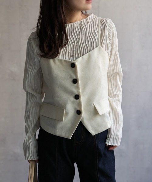 ap retro（アプレトロ）の「【セットアップ対応】フロントボタン麻ライクビスチェ/キャミソール《動画あり》（ベスト・レディース・ネイビー/アイボリー/ベージュ・FREE）」の2枚目の写真