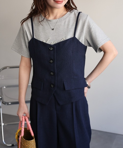 ap retro（アプレトロ）の「【セットアップ対応】フロントボタン麻ライクビスチェ/キャミソール《動画あり》（ベスト・レディース・ネイビー/アイボリー/ベージュ・FREE）」の11枚目の写真