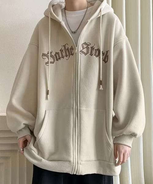 NOWLE(ノウル)の「【NOWLE】ビッグシルエット フロントロゴ ジップ パーカー(パーカー・メンズ・グレー/アイボリー/ブラック・MEDIUM/LARGE/X-LARGE)」の2枚目の写真