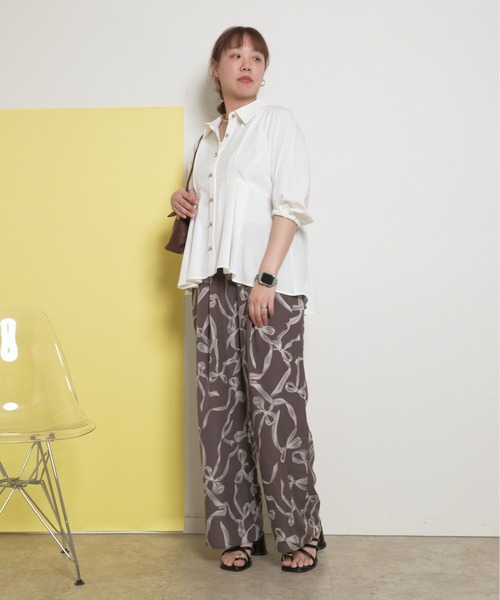 ふわふわおっきめリボン【1425】 リボン柄リラックスパンツ ワイドストレートシルエット タック