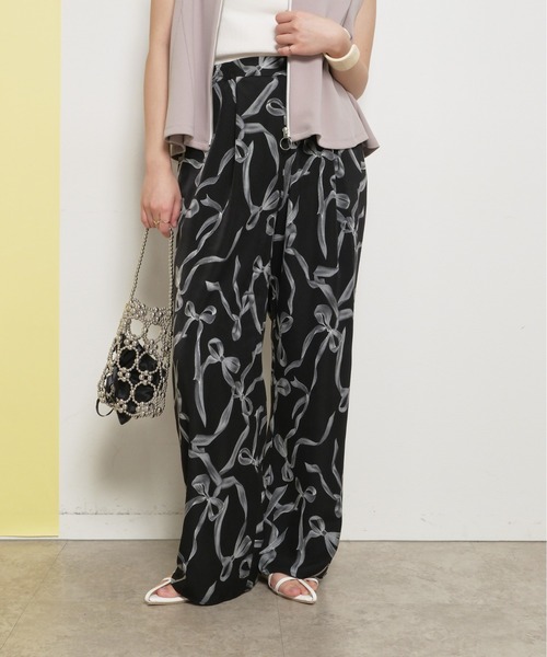 ふわふわおっきめリボン【1425】 リボン柄リラックスパンツ ワイドストレートシルエット タック