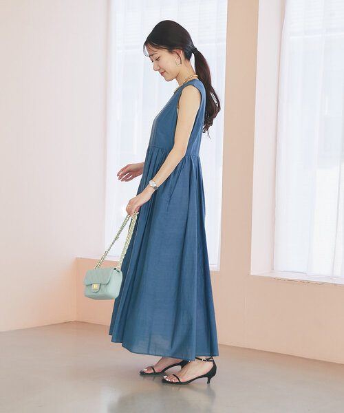 ラブティックボンボン レーヨンリネンシアースラブワンピース サックス