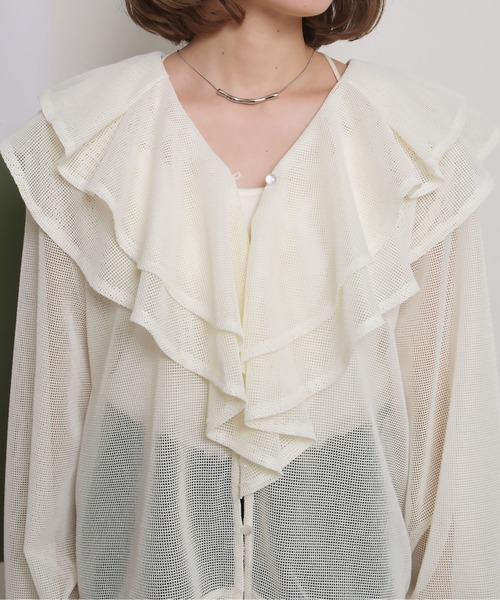 ALAIA フリルメッシュブラウス 2WAY 】シアーフリルコルセットサテンショートブラウス