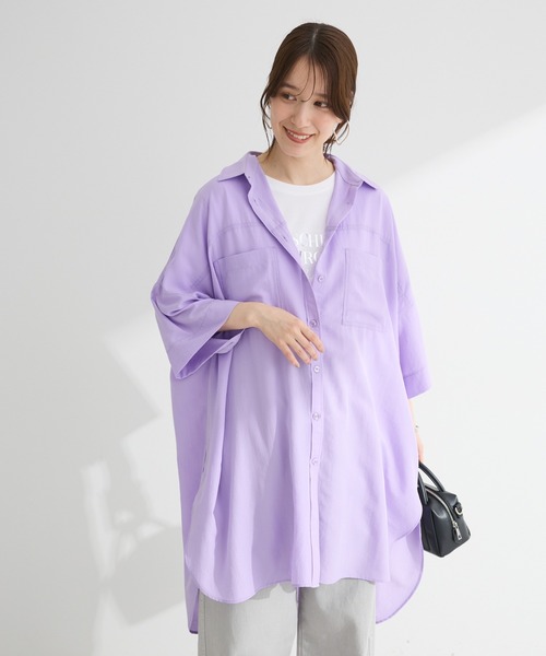 Green　Parks（グリーンパークス）の「7分袖ミディ丈シャツワンピース（シャツワンピース・レディース・ライトカーキ/ラベンダー/オフホワイト/チャコールグレー・FREE）」の4枚目の写真