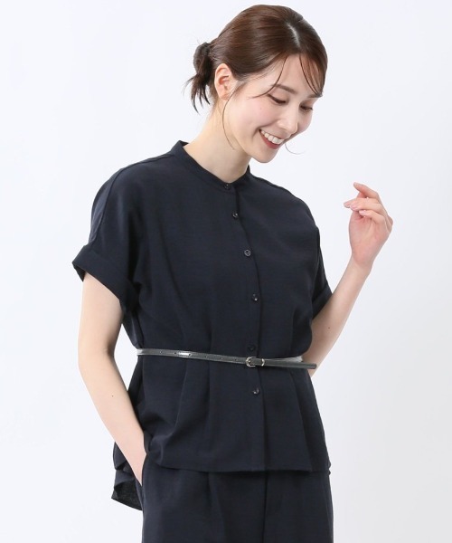 m.f.editorial(エムエフエディトリアル)の「【マシンウォッシャブル】m.f.エディトリアル レディース 麻調合繊 ウォッシャブル バンドカラー 半袖ブラウス(セットアップ可能)(シャツ/ブラウス・レディース・ネイビー/ライトグレー/ライトグリーン・MEDIUM/LARGE)」の3枚目の写真