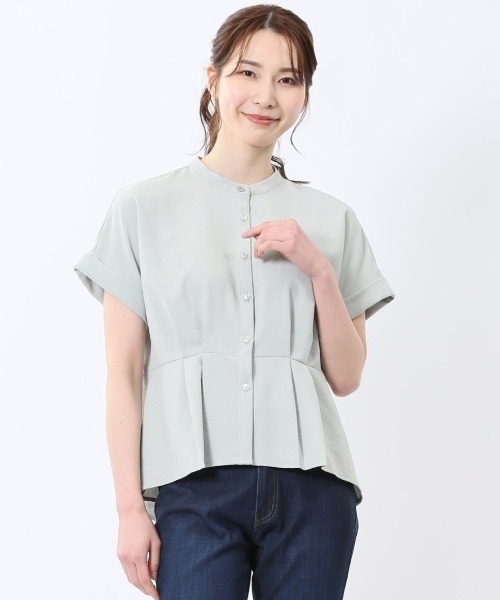 m.f.editorial(エムエフエディトリアル)の「【マシンウォッシャブル】m.f.エディトリアル レディース 麻調合繊 ウォッシャブル バンドカラー 半袖ブラウス(セットアップ可能)(シャツ/ブラウス・レディース・ネイビー/ライトグレー/ライトグリーン・MEDIUM/LARGE)」の2枚目の写真