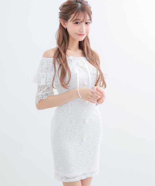 myMinette(マイミネット)の「キャバドレス ミニ タイト 半袖 オフショル ネックリボン フロントボタン 総レースドレス キャバワンピ(ドレス・レディース・ブラック/ホワイト・MEDIUM)」の2枚目の写真