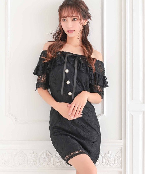 myMinette(マイミネット)の「キャバドレス ミニ タイト 半袖 オフショル ネックリボン フロントボタン 総レースドレス キャバワンピ(ドレス・レディース・ブラック/ホワイト・MEDIUM)」の1枚目の写真