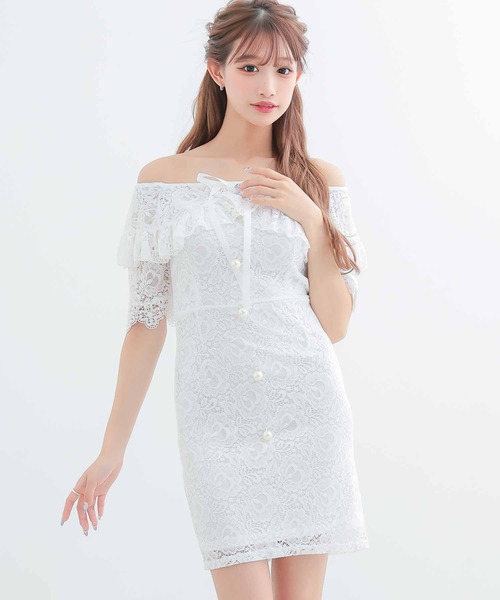 myMinette(マイミネット)の「キャバドレス ミニ タイト 半袖 オフショル ネックリボン フロントボタン 総レースドレス キャバワンピ(ドレス・レディース・ブラック/ホワイト・MEDIUM)」の8枚目の写真