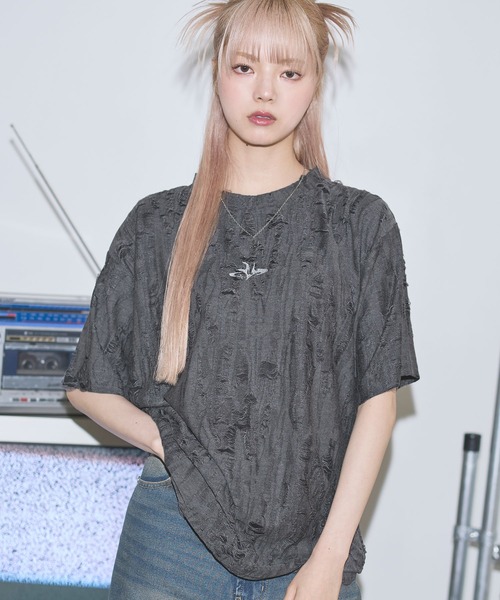 セール】オーバーサイズダメージロゴ刺繍カットソー【UNISEX