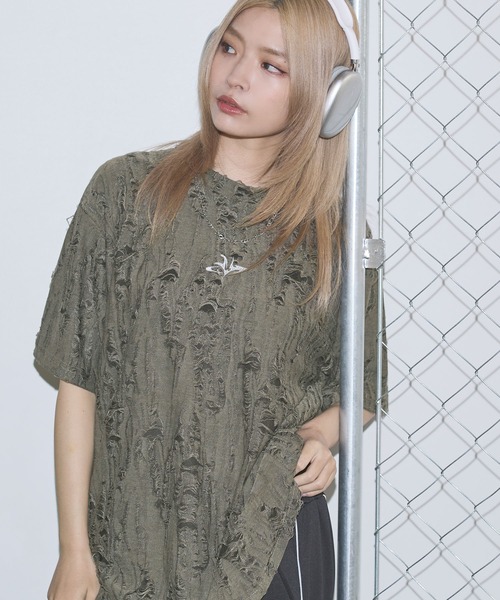 オーバーサイズダメージロゴ刺繍カットソー【UNISEX】（Tシャツ