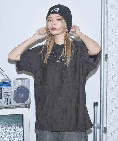 ♡M♡ページ セール】オーバーサイズダメージロゴ刺繍カットソー【UNISEX