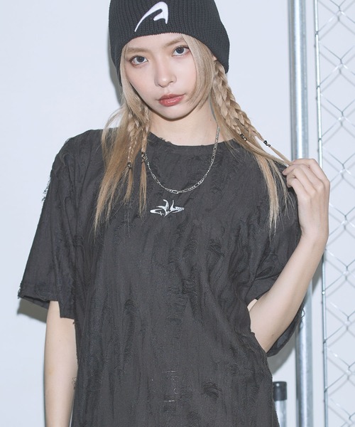セール】オーバーサイズダメージロゴ刺繍カットソー【UNISEX