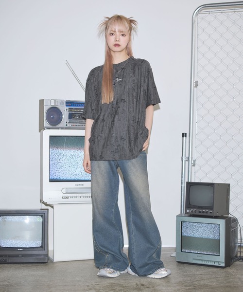 セール】オーバーサイズダメージロゴ刺繍カットソー【UNISEX