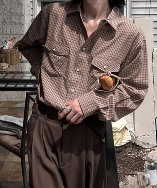 NOWLE（ノウル）の「【NOWLE】ダブルポケット レトロ チェック ボタンシャツ（シャツ/ブラウス・メンズ・タン・MEDIUM/LARGE/X-LARGE）」の13枚目の写真