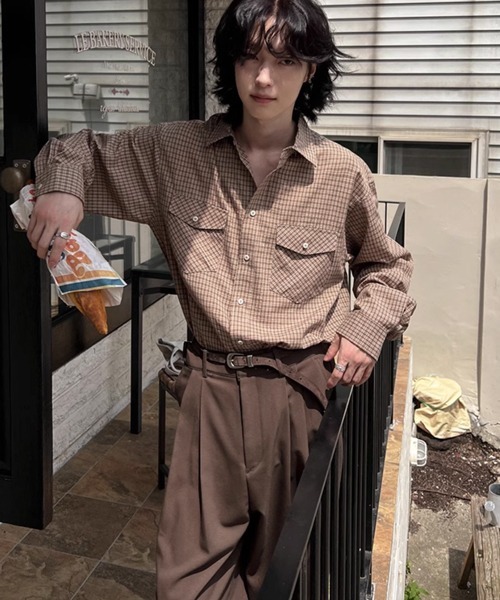 NOWLE（ノウル）の「【NOWLE】ダブルポケット レトロ チェック ボタンシャツ（シャツ/ブラウス・メンズ・タン・MEDIUM/LARGE/X-LARGE）」の15枚目の写真